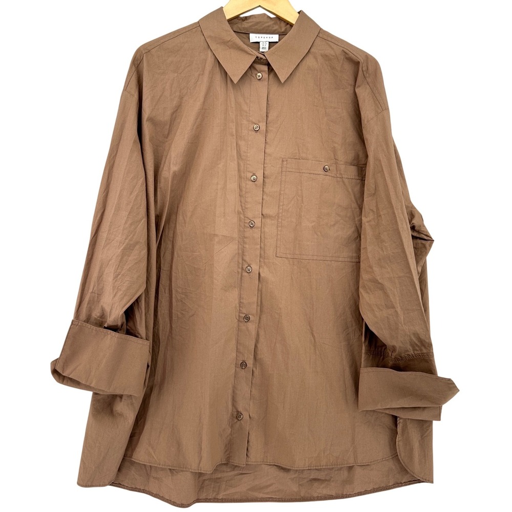 Topshop Tan Brown Oversized Poplin Cotton Button Down Shirt Blouse Top SZ 12